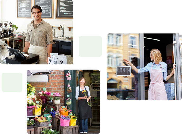 A collage of people working in different businesses.
