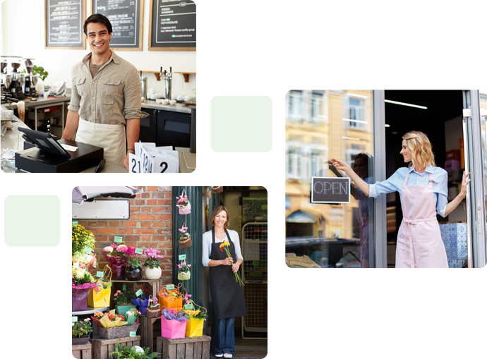 A collage of people working in different businesses.